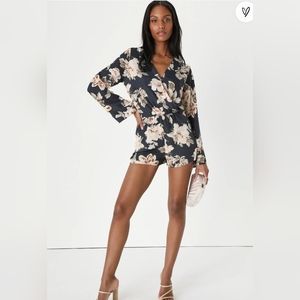 Lulus Prairie Daydream Washed Navy Blue Floral Print Romper